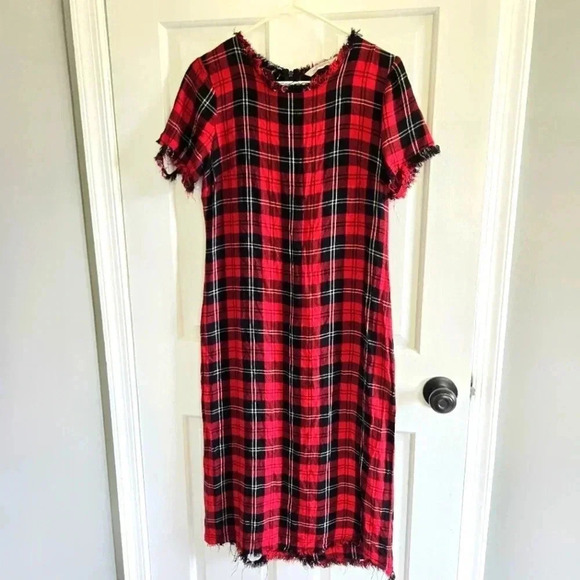 Zara black and red plaid distressed fringe punk holiday maxi dress sz M - Picture 1 of 9